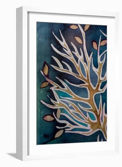 Golden Tree Branches with Leaves, Turquoise, Hot Batik, Background Texture, Handmade on Silk, Abstr-Sergey Kozienko-Framed Art Print