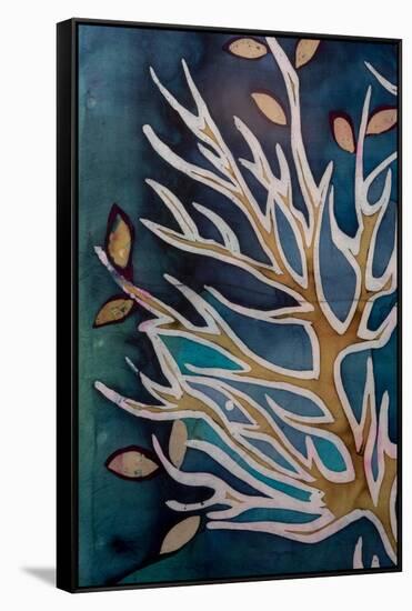 Golden Tree Branches with Leaves, Turquoise, Hot Batik, Background Texture, Handmade on Silk, Abstr-Sergey Kozienko-Framed Stretched Canvas