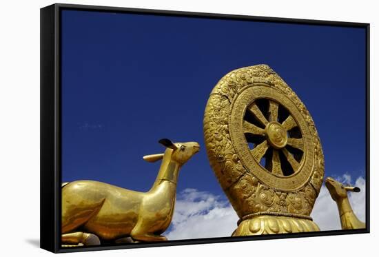 Golden Wheel of Dharma and Deer Sculptures-Simon Montgomery-Framed Stretched Canvas