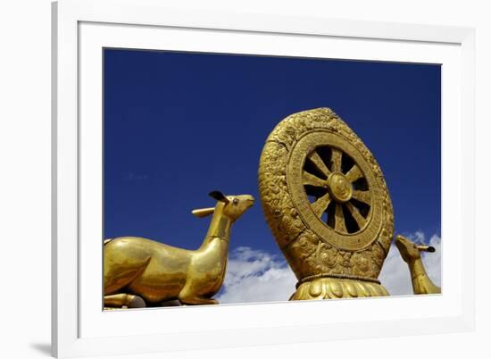 Golden Wheel of Dharma and Deer Sculptures-Simon Montgomery-Framed Photographic Print