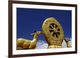 Golden Wheel of Dharma and Deer Sculptures-Simon Montgomery-Framed Photographic Print