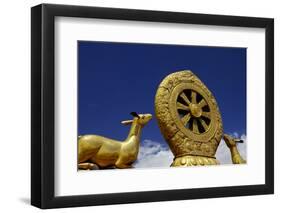 Golden Wheel of Dharma and Deer Sculptures-Simon Montgomery-Framed Photographic Print