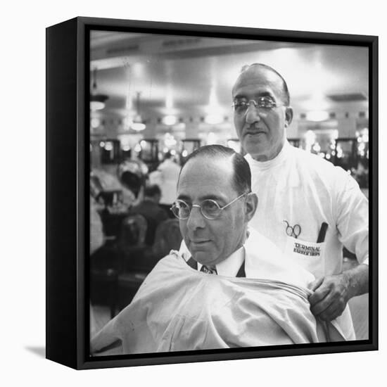Goldman Sachs and Co. Partner Sidney Weinberg Sitting in Chair at Barber Shop-null-Framed Stretched Canvas