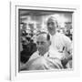 Goldman Sachs and Co. Partner Sidney Weinberg Sitting in Chair at Barber Shop-null-Framed Photographic Print