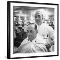 Goldman Sachs and Co. Partner Sidney Weinberg Sitting in Chair at Barber Shop-null-Framed Photographic Print