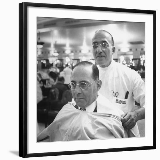 Goldman Sachs and Co. Partner Sidney Weinberg Sitting in Chair at Barber Shop-null-Framed Photographic Print