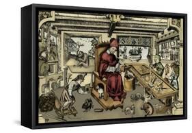 Goldsmith's workshop (colourised copper engraving)-European School-Framed Stretched Canvas