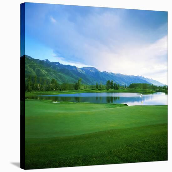 Golf Course with Mountain Range in the Background, Teton Pines Golf Course, Jackson, Wyoming, USA-null-Stretched Canvas