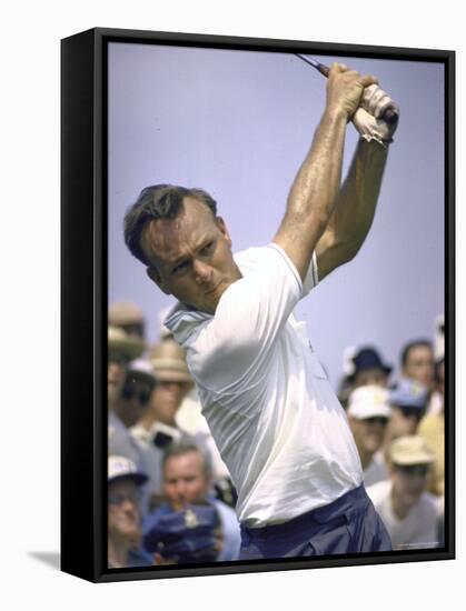 Golfer Arnold Palmer Swinging Club as Spectators Look on at Event-John Dominis-Framed Stretched Canvas