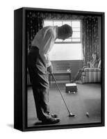 Golfer Ben Hogan Practicing Putting in His town house with Wife Valerie Watching from Armchair-Loomis Dean-Framed Stretched Canvas