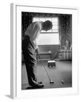 Golfer Ben Hogan Practicing Putting in His town house with Wife Valerie Watching from Armchair-Loomis Dean-Framed Premium Photographic Print