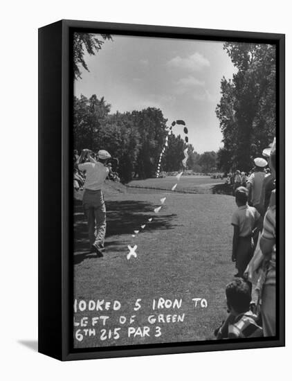 Golfer Byron Nelson Making a Hooked Shot to Left of the 16th Green-null-Framed Stretched Canvas