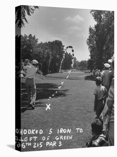 Golfer Byron Nelson Making a Hooked Shot to Left of the 16th Green-null-Stretched Canvas
