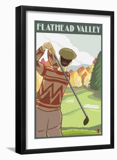 Golfer Scene, Flathead lake, Montana-Lantern Press-Framed Art Print