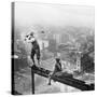 Golfer Teeing off on Girder High above City-null-Stretched Canvas