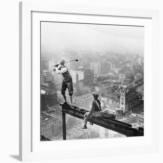 Golfer Teeing off on Girder High above City-null-Framed Giclee Print