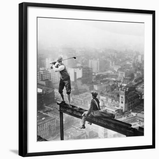 Golfer Teeing off on Girder High above City-null-Framed Giclee Print