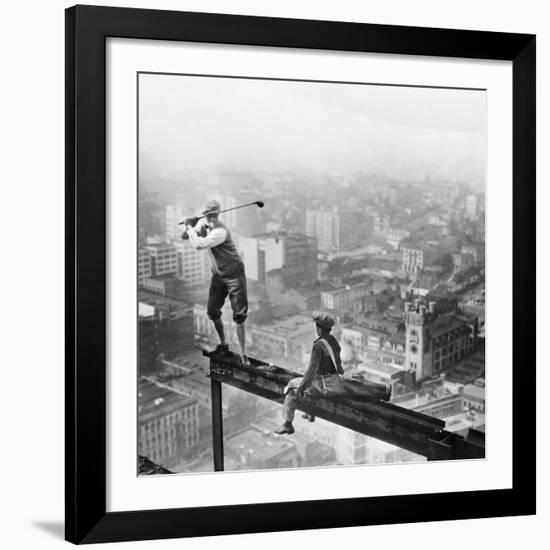 Golfer Teeing off on Girder High above City-null-Framed Giclee Print