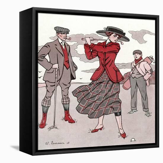 Golfer Watches Grimly as His Female Partner Plays a Winning Stroke-Touraine-Framed Stretched Canvas