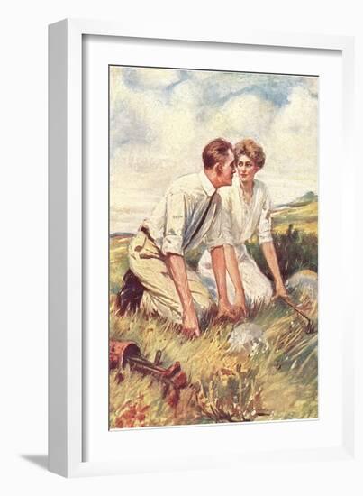 Golfing Couple Looking for Lost Ball-null-Framed Art Print