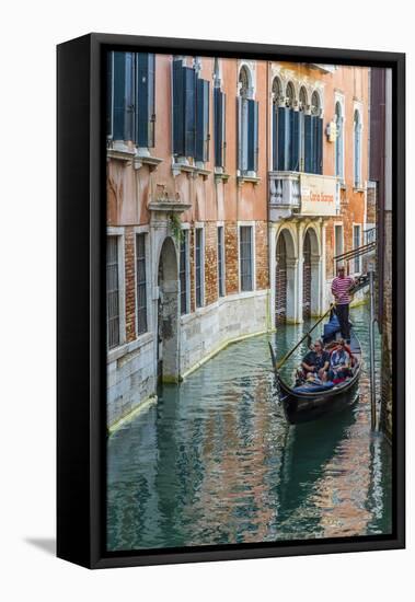 Gondola Boat Passing Through a Narrow Canal, Venice, Veneto, Italy-Stefano Politi Markovina-Framed Stretched Canvas