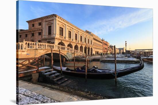 Gondola, Ponte Della Paglia and Riva Degli Schiavoni at sunrise after snow, Venice, UNESCO World He-Eleanor Scriven-Stretched Canvas