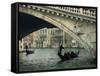 Gondola under the Rialto Bridge on the Grand Canal in Venice, Veneto, Italy-Rainford Roy-Framed Stretched Canvas