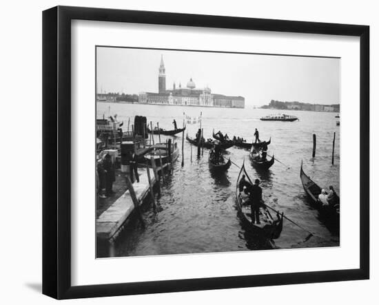 Gondolas and Gondoliers on a Rainy Day in Venice Italy, June 1965-null-Framed Premium Photographic Print