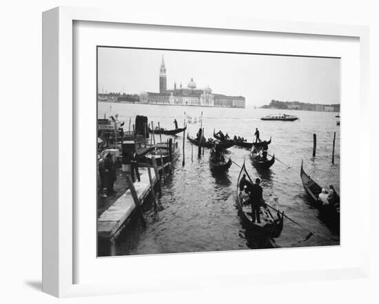 Gondolas and Gondoliers on a Rainy Day in Venice Italy, June 1965-null-Framed Premium Photographic Print