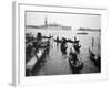 Gondolas and Gondoliers on a Rainy Day in Venice Italy, June 1965-null-Framed Photographic Print