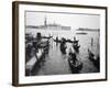 Gondolas and Gondoliers on a Rainy Day in Venice Italy, June 1965-null-Framed Photographic Print