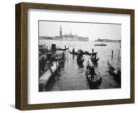 Gondolas and Gondoliers on a Rainy Day in Venice Italy, June 1965-null-Framed Photographic Print