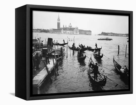 Gondolas and Gondoliers on a Rainy Day in Venice Italy, June 1965-null-Framed Stretched Canvas