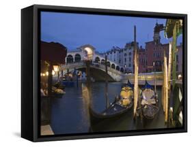 Gondolas Moored on the Grand Canal at Riva Del Vin, with Rialto Bridge Behind, Venice, Veneto-Hazel Stuart-Framed Stretched Canvas