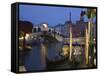 Gondolas Moored on the Grand Canal at Riva Del Vin, with Rialto Bridge Behind, Venice, Veneto-Hazel Stuart-Framed Stretched Canvas