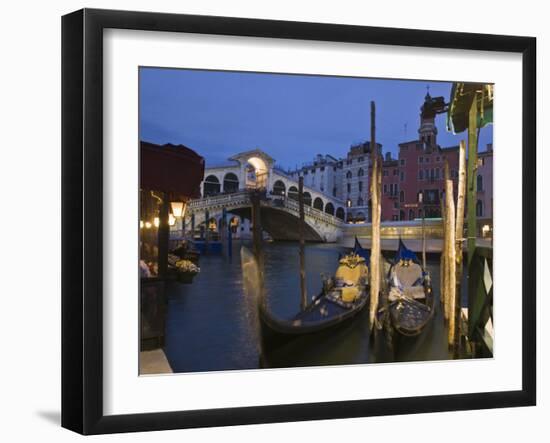 Gondolas Moored on the Grand Canal at Riva Del Vin, with Rialto Bridge Behind, Venice, Veneto-Hazel Stuart-Framed Photographic Print
