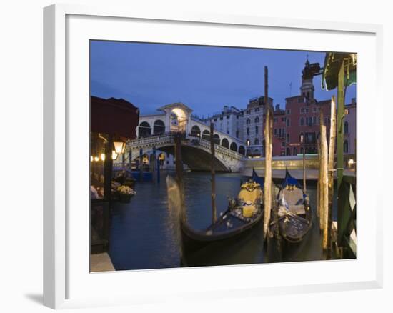 Gondolas Moored on the Grand Canal at Riva Del Vin, with Rialto Bridge Behind, Venice, Veneto-Hazel Stuart-Framed Photographic Print