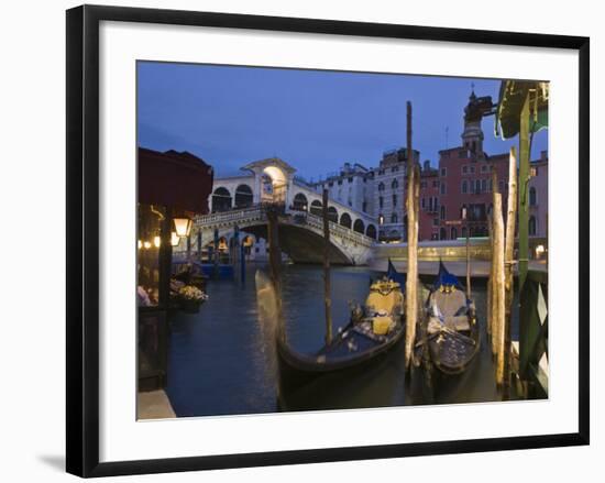 Gondolas Moored on the Grand Canal at Riva Del Vin, with Rialto Bridge Behind, Venice, Veneto-Hazel Stuart-Framed Photographic Print