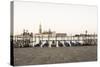 Gondolas Moored on the Lagoon, San Giorgio Maggiore Beyond, Riva Degli Schiavoni-Amanda Hall-Stretched Canvas