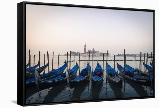 Gondolas Moored on the Lagoon, San Giorgio Maggiore Beyond, Riva Degli Schiavoni-Amanda Hall-Framed Stretched Canvas