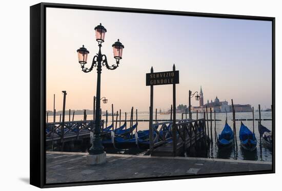 Gondolas Moored on the Lagoon, San Giorgio Maggiore Beyond, Riva Degli Schiavoni-Amanda Hall-Framed Stretched Canvas