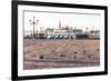 Gondolas Moored on the Lagoon, San Giorgio Maggiore Beyond, Riva Degli Schiavoni-Amanda Hall-Framed Photographic Print