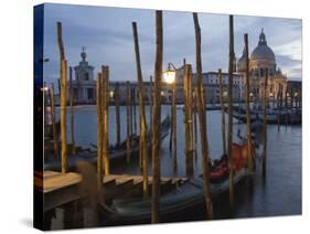 Gondolas on Waterfront at Night, Church Basilica, Venice, Unesco World Heritage Site, Veneto, Italy-Christian Kober-Stretched Canvas