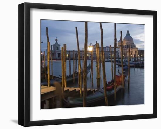 Gondolas on Waterfront at Night, Church Basilica, Venice, Unesco World Heritage Site, Veneto, Italy-Christian Kober-Framed Photographic Print