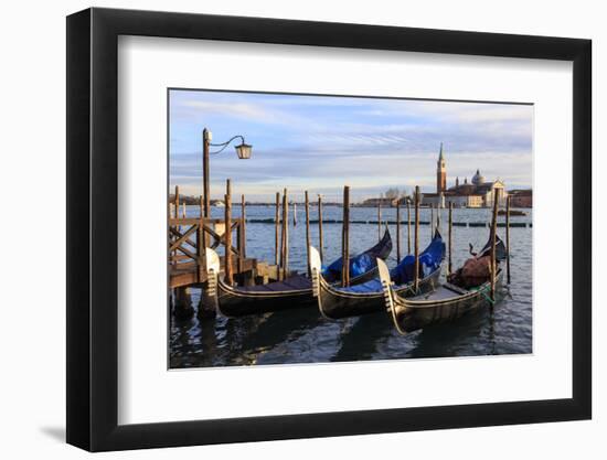 Gondolas, San Marco waterfront at sunset in winter, view to San Giorgio Maggiore, Venice, UNESCO Wo-Eleanor Scriven-Framed Photographic Print