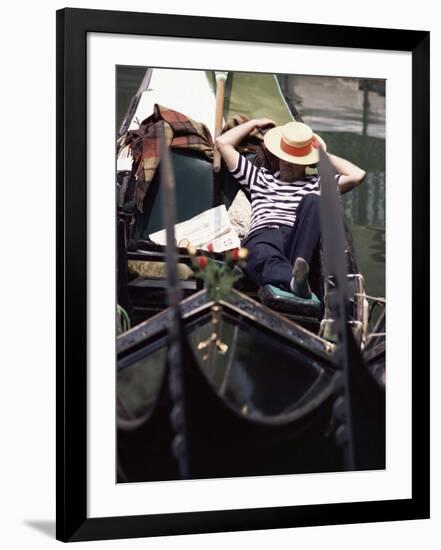 Gondolier Relaxing in Gondola, Venice, Veneto, Italy-Adam Woolfitt-Framed Photographic Print