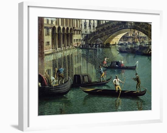 Gondoliers Near the Rialto Bridge, Venice (Detail)-Canaletto-Framed Giclee Print