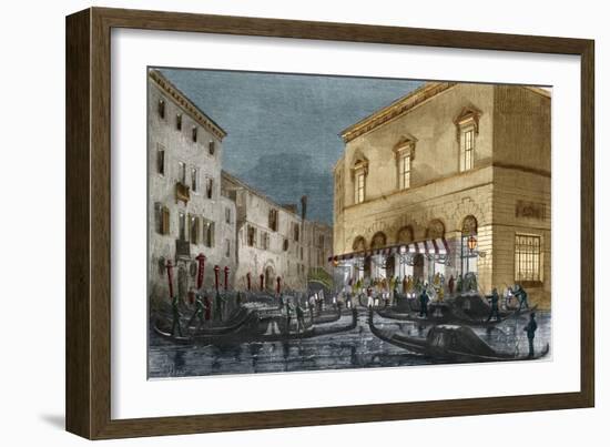 Gondoliers waiting for spectators outside the Teatro La Fenice, Venice, Italy-Italian School-Framed Giclee Print