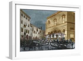 Gondoliers waiting for spectators outside the Teatro La Fenice, Venice, Italy-Italian School-Framed Giclee Print