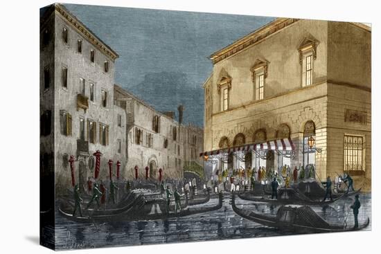 Gondoliers waiting for spectators outside the Teatro La Fenice, Venice, Italy-Italian School-Stretched Canvas